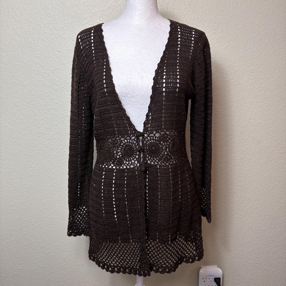 Nine West Sweater S Chocolate Open Stitch Crochet Linen Blend Boho Cardigan
